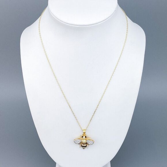 FZM Sterling Silver 925 Gold Tone Simulated Diamond Honey Bee Necklace 18" - Picture 1 of 6